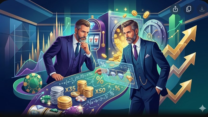 Современная иллюстрация с элементами казино и графиками для статьи о математикеHайроллер бонусов
